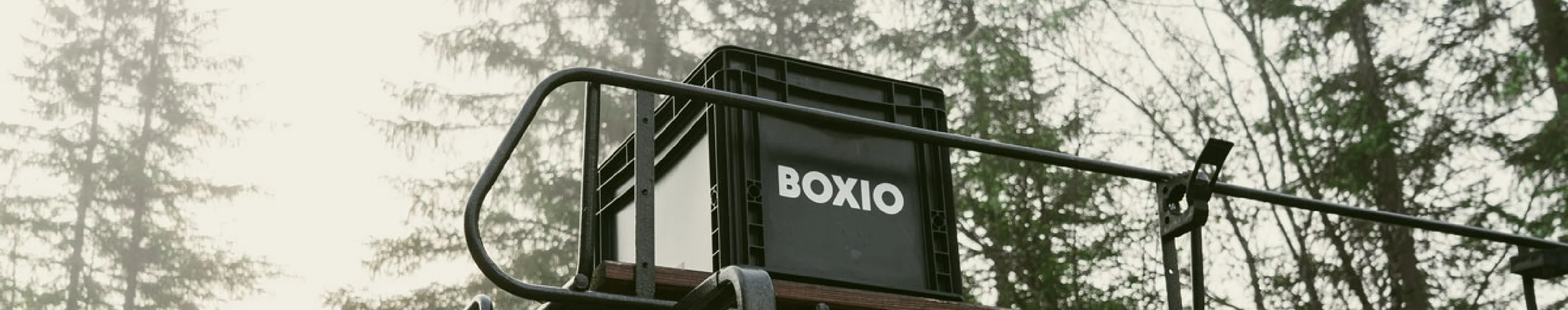 Schwarze Box mit dem Aufdruck "BOXIO" steht auf einem Gestell im Naturwald mit Bäumen im Hintergrund.